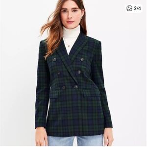 Loft Navy and Green Plaid Double-Breasted Blazer size 12